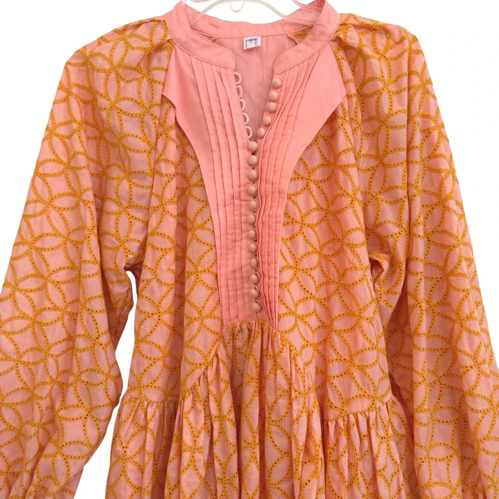 Aox Women Peach Orange Geometric Mini Dress Long Sleeve Pleated Bib Size M NWOT - Picture 11 of 11